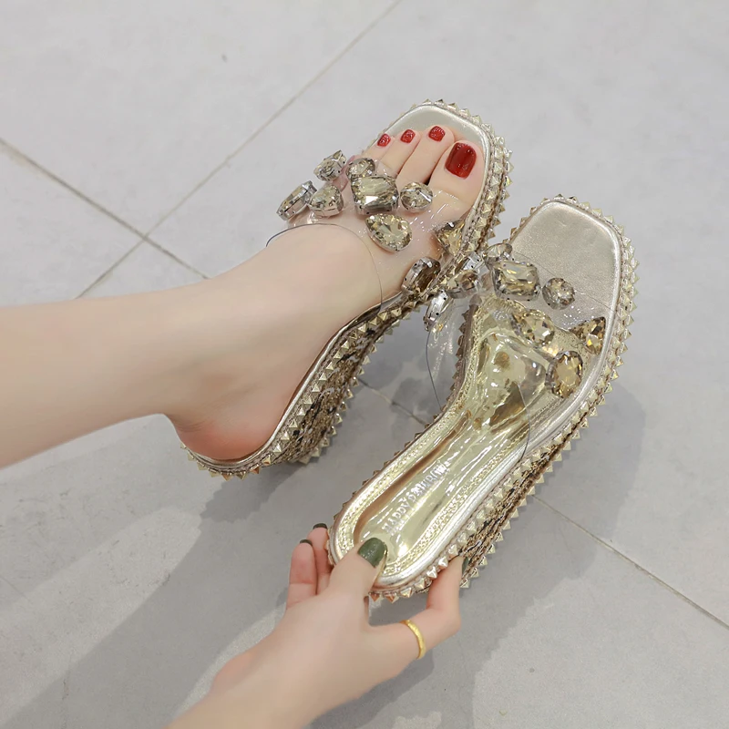 2019 г. женские летние Кристальные клинья сандалии шлепанцы золотого и серебряного