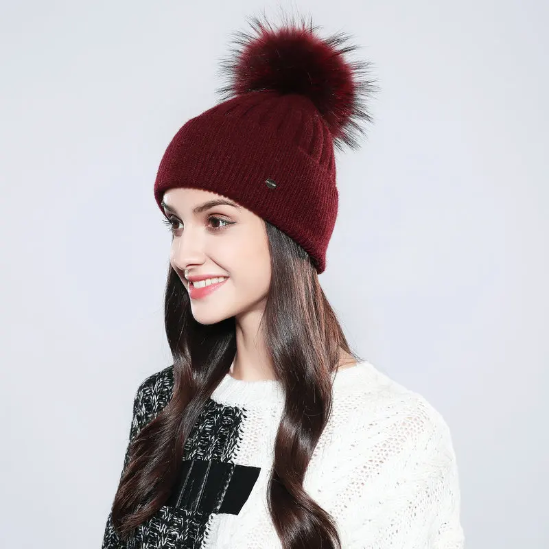 Шапки с помпоном 2019 шапочки hat новые зимние для женщин натуральный мех шерсть