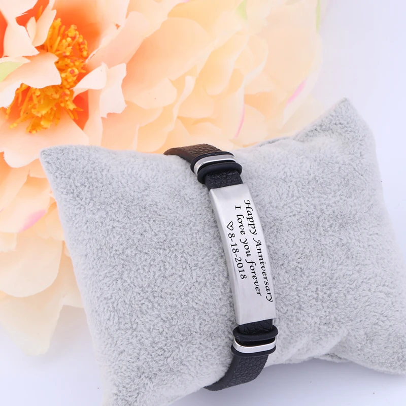 Leather Bracelet Men Gift Engraved Happy Anniversary Custom Date Keepsake Present I Love You Forever Couple Lover Boyfriend |