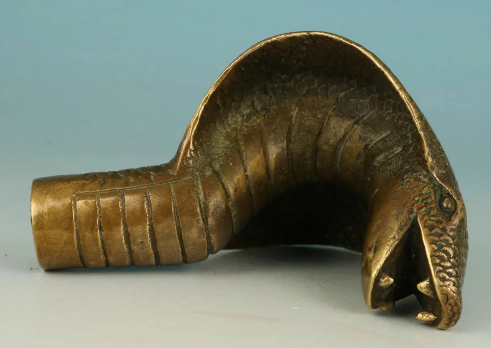 Chinese Old Bronze Handmade Carved cobra Snake Statue Cane Walking Stick Head | Дом и сад