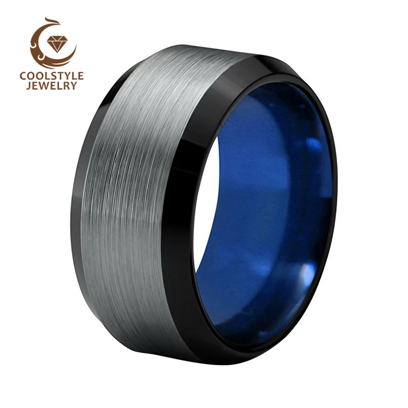 

10MM Mens Tungsten Carbide Ring Black Blue Wedding Band With Beveled Brushed Finish Comfort Fit Size 5 to 15