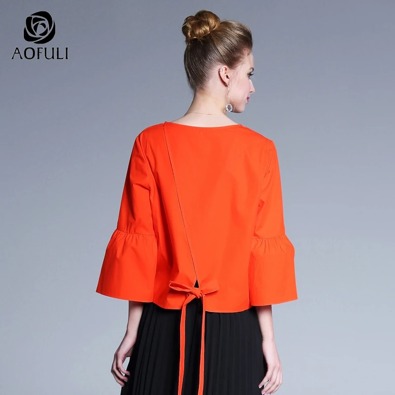 Женские блузки с расклешенными рукавами AOFULI S ~ 4XL оранжевые рукавом 3/4 хлопковые