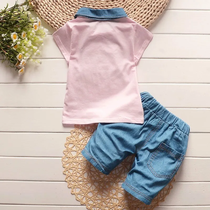 2017 baby boys summer denim lapel clothes kids letter short sleeve t shirt jean shorts suit children leisure clothing sets |