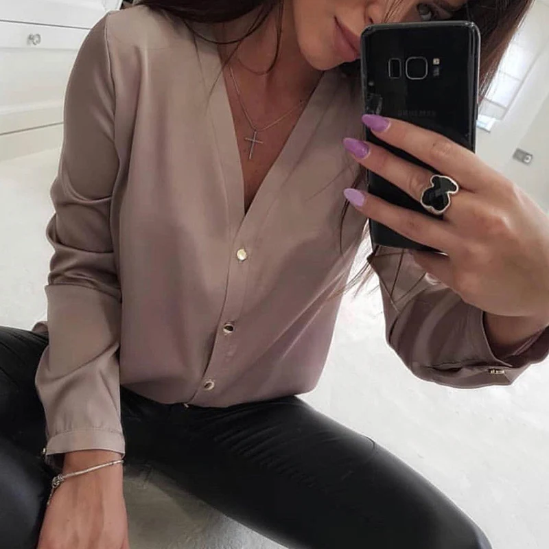 Women Casual Button v Neck Tops And Blouse Ladies Long Sleeve Elegant Office Lady New Fashion Summer Solid |