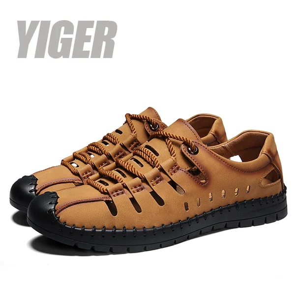 yellow brown shoes YIGER/мужские сандалии; повседневные пляжные шлепанцы; мужские летние уличные сандалии из натуральной кожи; Новинка; мужские сандалии для отдыха; обувь с отверстиями; большие размеры; 0343 - Цвет: yellow brown shoes