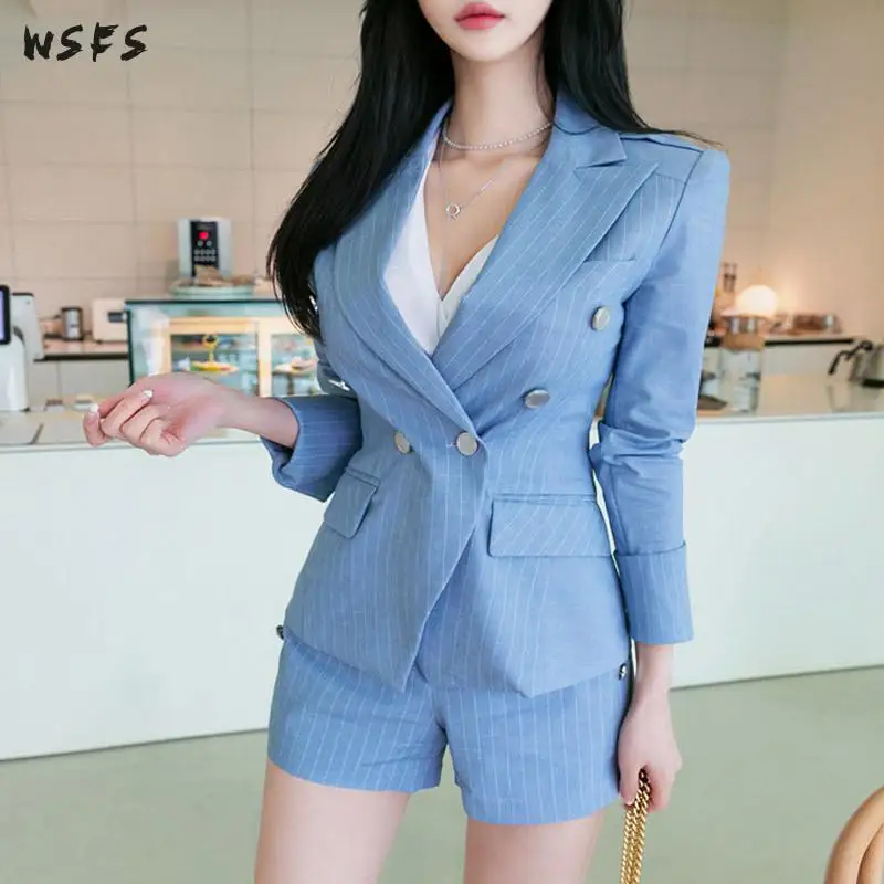 

2 Pieces Set Summer Business Striped Formal Blue Suits For Women Work Office Long Sleeve Bandage Short Pants Womens Trousers