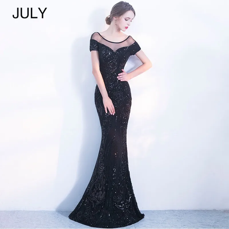 Женское длинное платье с открытой спиной JULY Черное вечернее блестками 2019|Женские