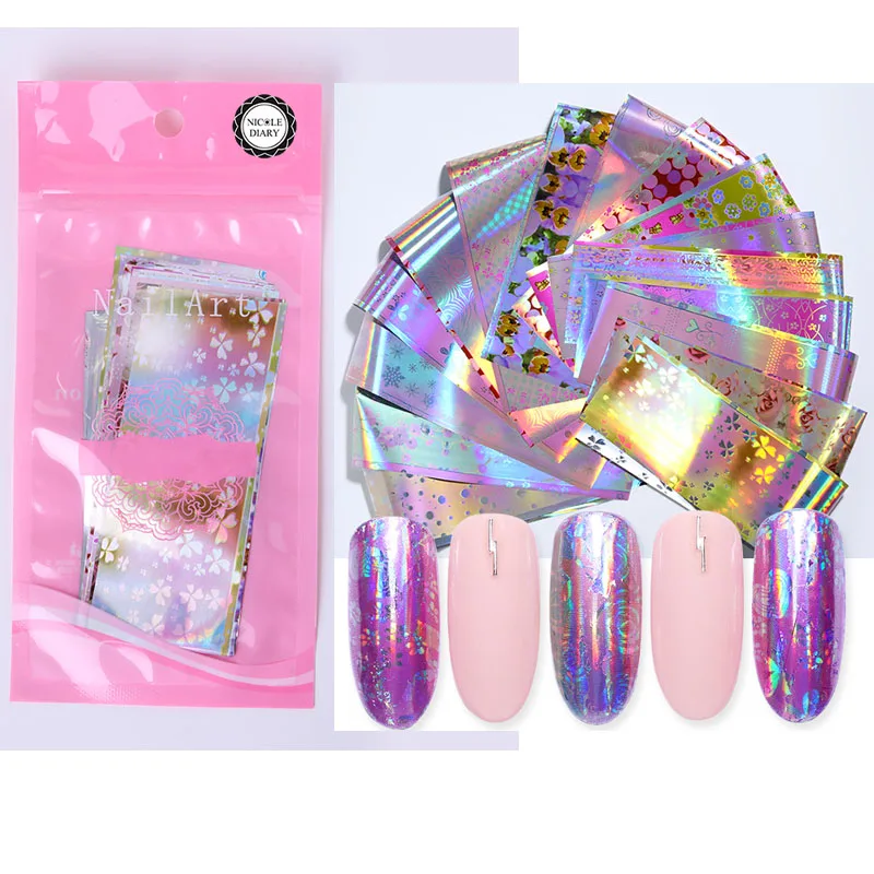 16pcs a bag Голографическая ногтей Фольга набор/16/14/10 шт. прозрачный AB Цвет ногтевое искусство, Переводные Стикеры Маникюр Сделай Сам Стикеры украшения - Цвет: 16pcs a bag