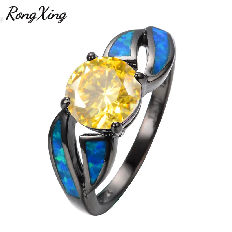RongXing Новое Стильное кольцо с голубым огненным опалом круглые черные золотые