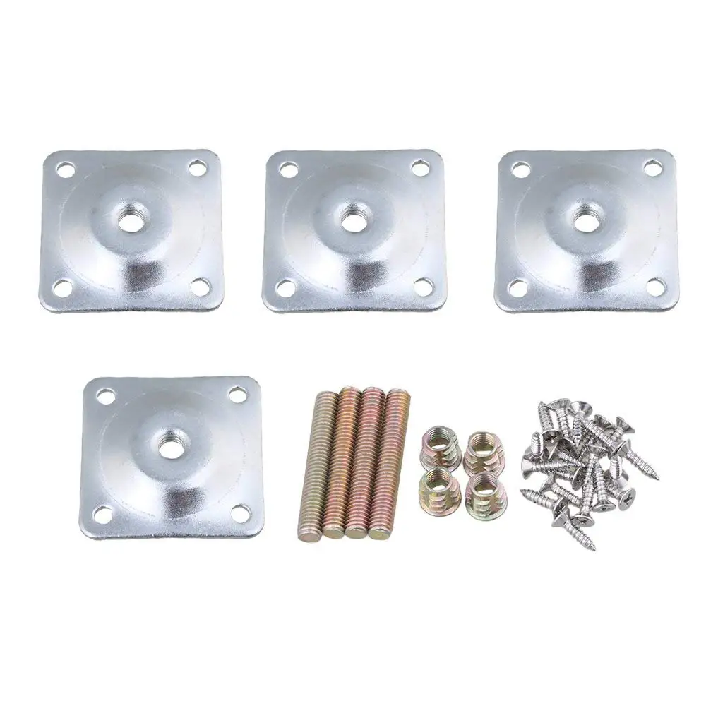 

4Pcs Iron 48x48mm Soft Table Chair Feet Attachment Plates Silver Color Furniture Leg Mounting Plates with Hanger Bolts Adapters