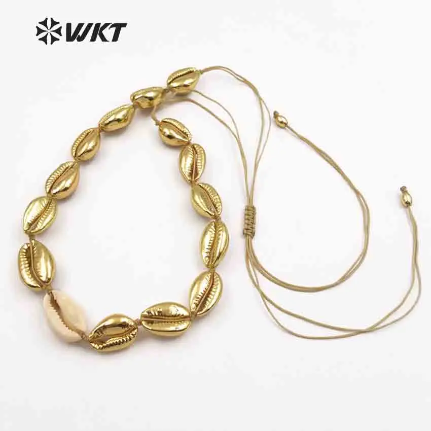 

WT-JN039 WKT Wholesale natural sea cowrie shells choker handmade women necklace with full gold metal plated adjustable chain