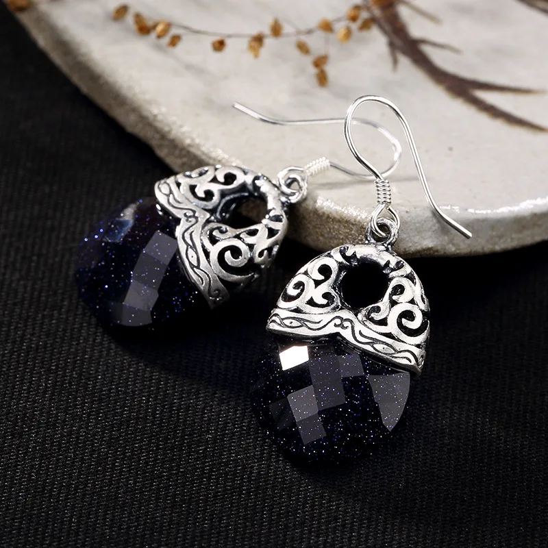 Женские этнические сережки-подвески из настоящего серебра 925 пробы с граненым