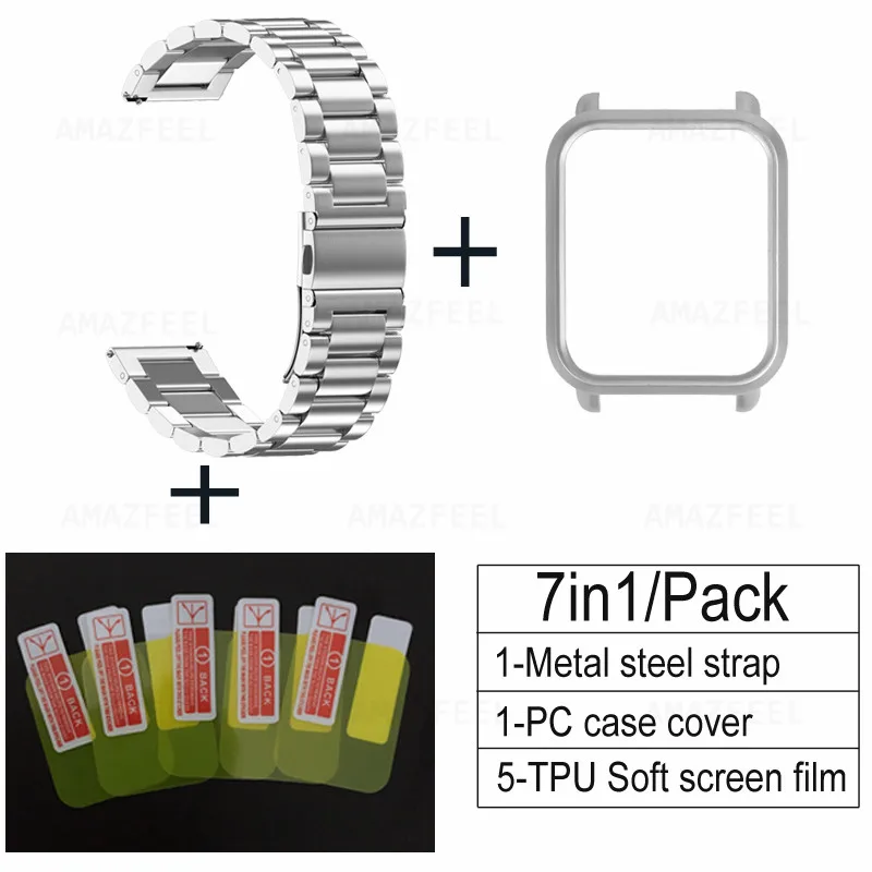 silver-silver case 7 шт./упак. ремешок для часов из нержавеющей стали для Xiaomi Huami amazfit bip Youth Metal replacment наручный защитный ремень Чехол+ пленка для экрана - Color: silver-silver case
