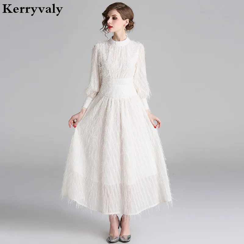 

Spring Fringed Lantern Tassel Elegant Long Party Dress Zomerjurk Dames 2022 High Waist Long Sleeve Maxi Dress Robe Longue K3553