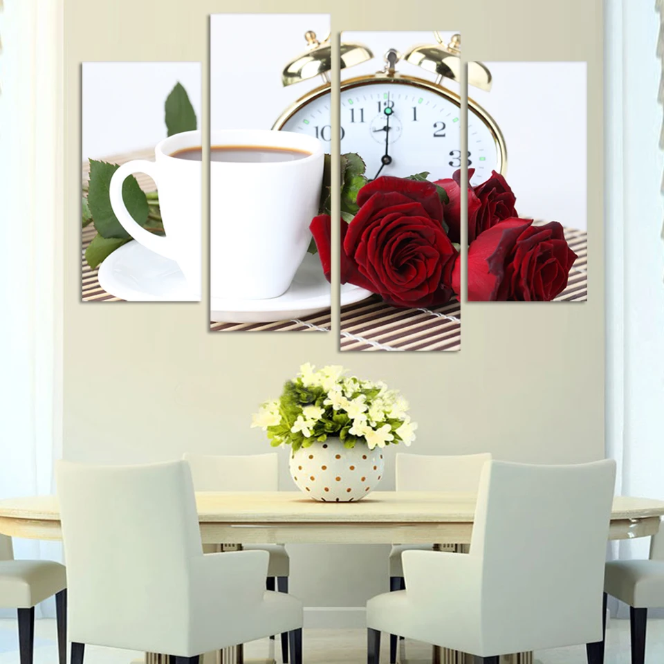 Картины для гостиной 4 шт./шт. кофейные красные розы современная живопись