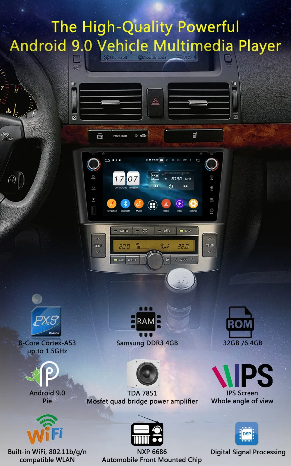 7" IPS 1024*600 8 Core 4GB RAM+64GB ROM Android 9.0 Car DVD Player For Toyota Avensis 2003-2009 DSP Radio GPS Parrot BT Adas