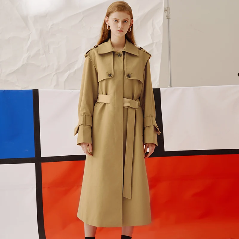 Новое поступление 2017 модное женское пальто с поясом хаки Свободное длинное