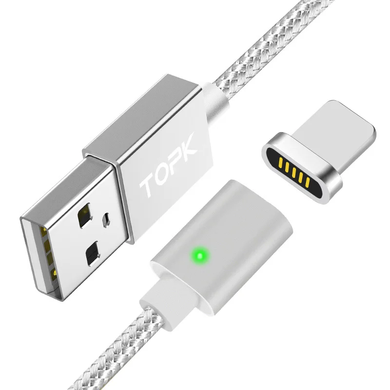Silver cable TOPK 1 м Магнитный кабель для iPhone Xs Max Xr 8 7 Plus USB C& Micro USB кабель нейлоновый Плетеный светодиодный кабель с индикатором синхронизации данных type-C - Цвет: Silver cable