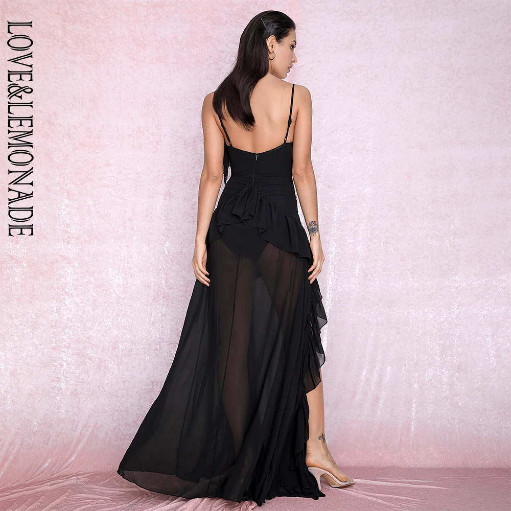 LOVE&LEMONADE Sexy Black Suspenders Lace Ruffle Stitching Split Chiffon Beach Long Dress LM81869