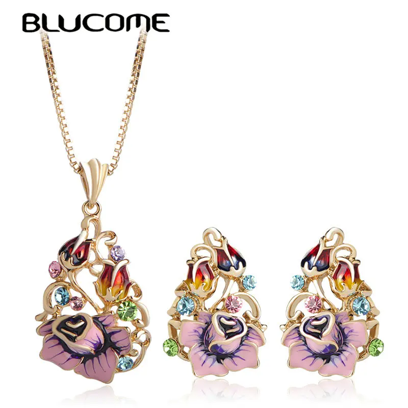 Blucome/Модный Ювелирный Комплект с зеленым эмалью и розовым цветком Праздничные