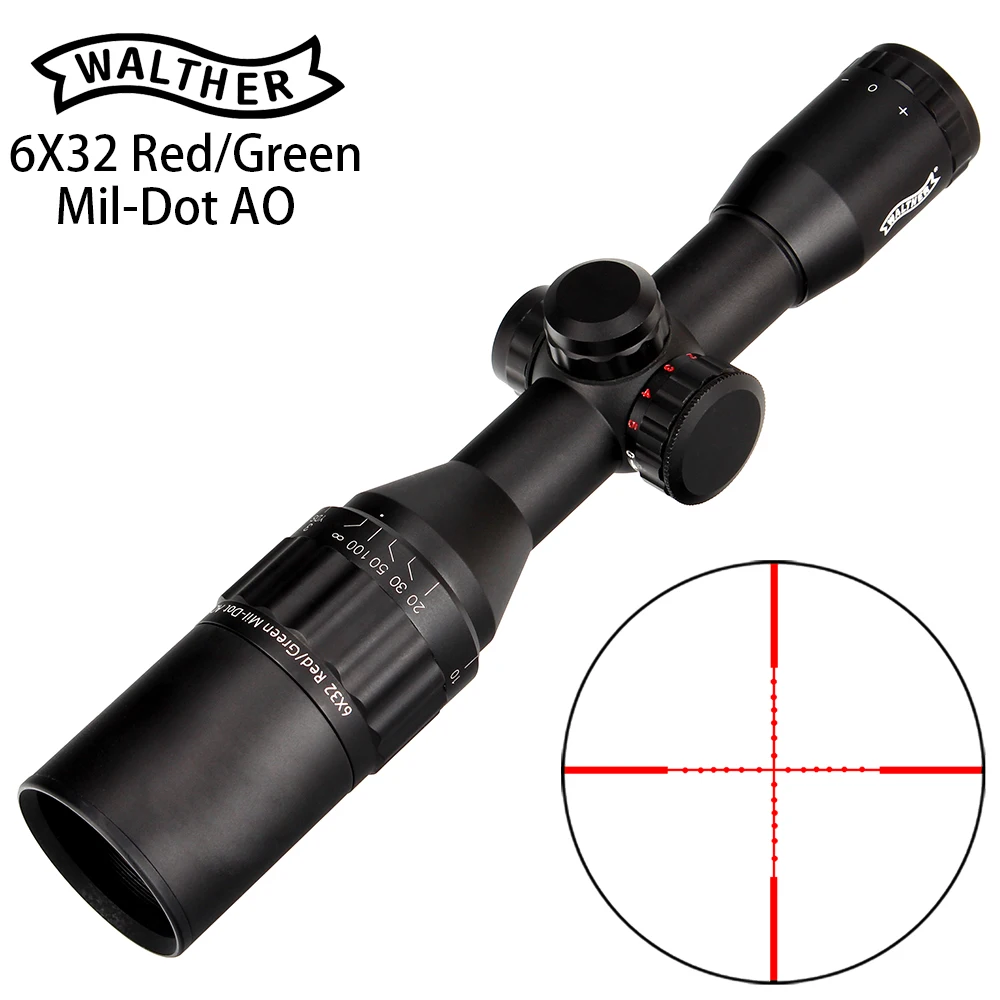 WALTHER 6x32 AO Mini Mil-Dot Double Color Illuminated Reticle Hunting Riflescope Tactical Optical Sight Rifle Scope |
