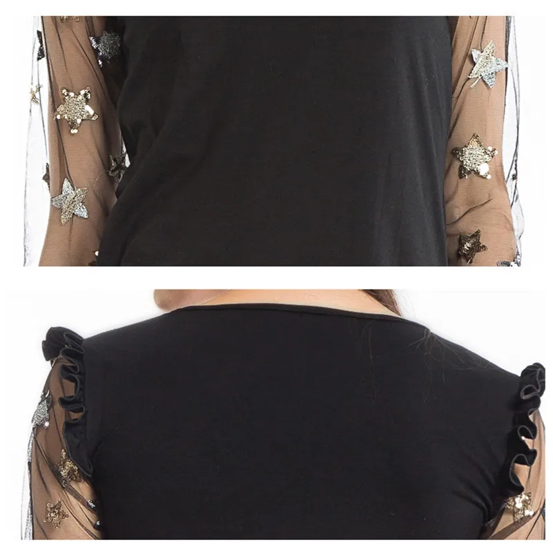 

Casual Women Pacthwork Lace Dress Appliques Sexy Black See-through Dress 2018 New Arrival Long Sleeve Mini Dress