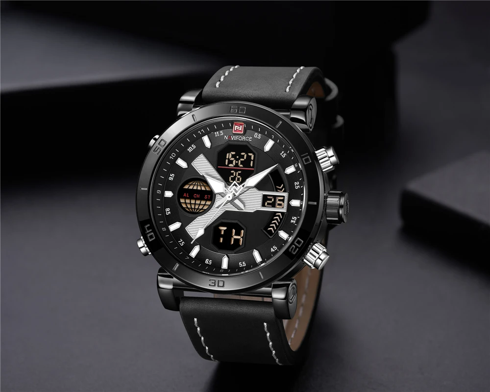 Мужские спортивные часы NAVIFORCE с кожаным ремешком, водонепроницаемые аналоговые цифровые часы, мужские кварцевые наручные часы с хронографом, мужские часы