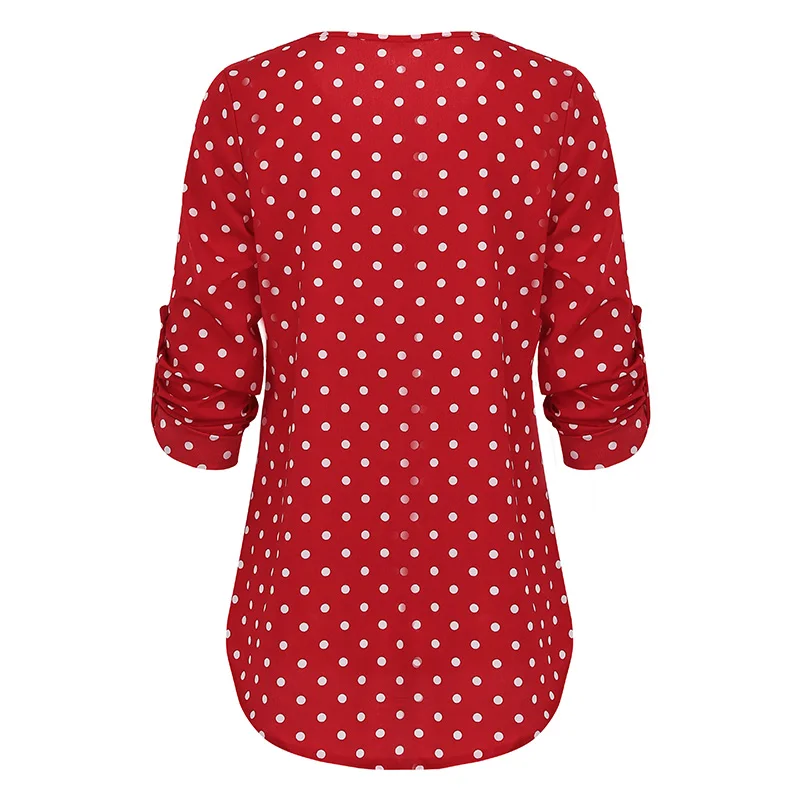 3XL 4XL 5XL размера плюс, туники, женская блузка, рубашка, винтажные Топы в горошек, v-образный вырез, свернутый, длинный рукав, свободная Элегантная блузка для девушек