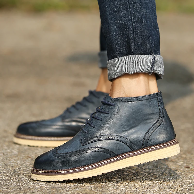 Autumn New Fashion High Top Men Oxfords British Vintage Carve Lace Up Mens Flats Thick Heel Comfortable Male Bullock Shoes | Обувь
