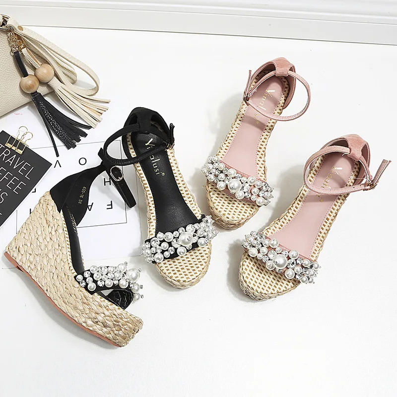 

XJRHXJR Summer New Bandage Pearl Handmade Rhinestone Wedge Heels Platform Thick-bottomed Toe High-heeled Sandals