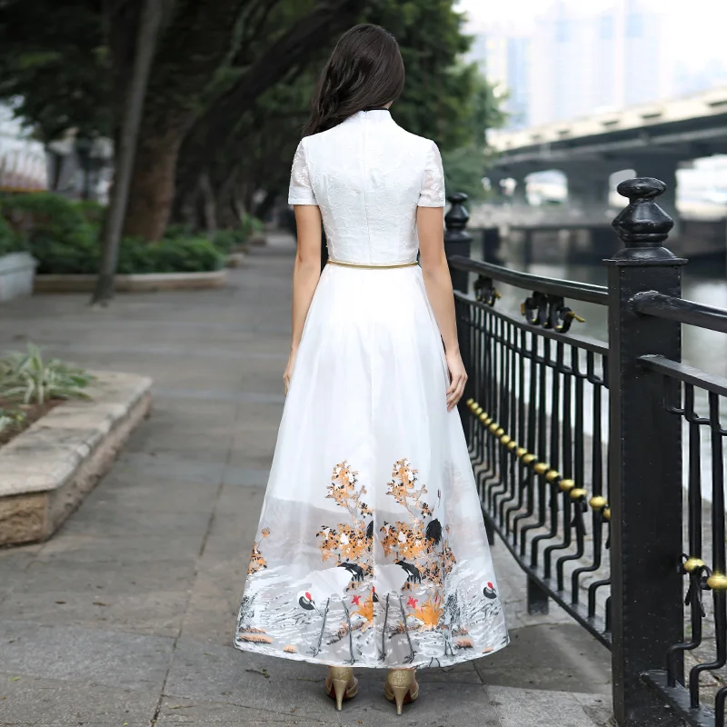 Платье с вышивкой DF xxxl женское платье цветочным принтом Qipao короткий рукав