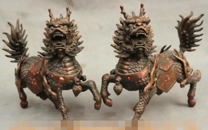 SHUN 6&quot Chinese FengShui Red Bronze Guard Dragon Kylin Unicorn Lion Beast Statue Pair | Дом и сад
