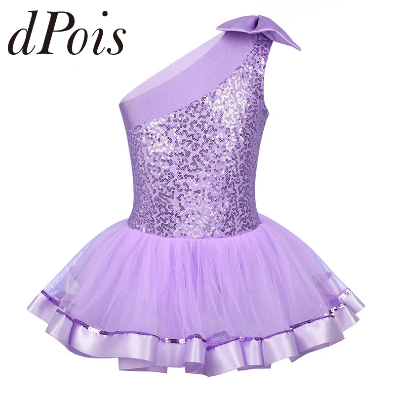 

Kids Girls Ballet Leotard Dress One Shoulder Bowknot Top Bodice With Shiny Sequins Gymnastics Ballet Dancer Leotard Tutu Dress