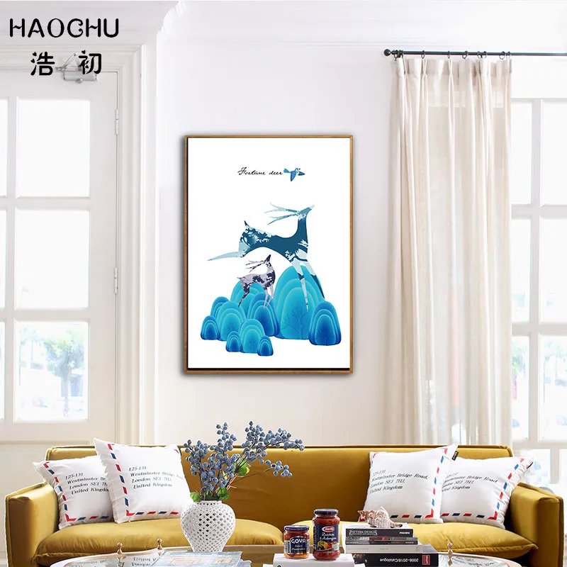 HAOCHU Европейский с голубым облаком и украшение Олень изображение Wall Art Deco