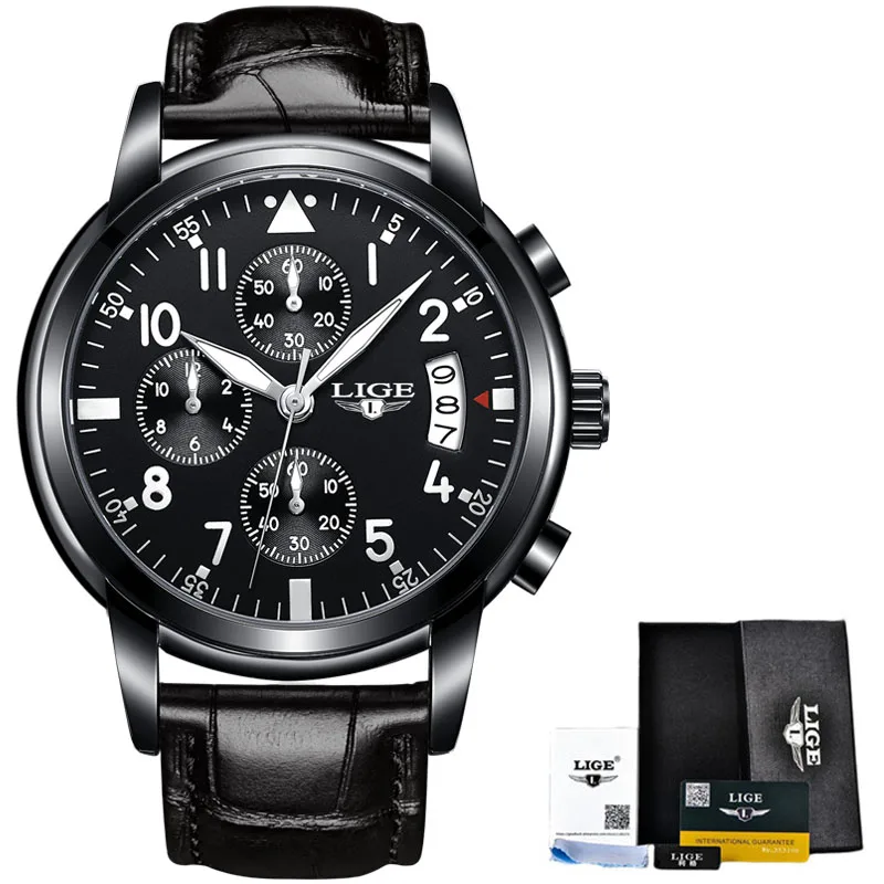 All black LIGE мужские повседневные кожаные бизнес часы мужские s часы Топ Роскошные Кварцевые наручные часы мужские спортивные водонепроницаемые хронограф Montre Homme - Цвет: All black