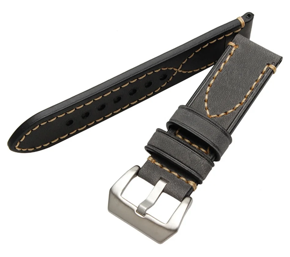 Ремешок кожаный для часов толстый Серебристый браслет с пряжкой язычком Омега