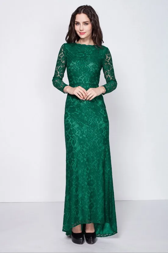 Женское длинное вечернее платье зеленое кружевное с круглым вырезом TK567 2019 |