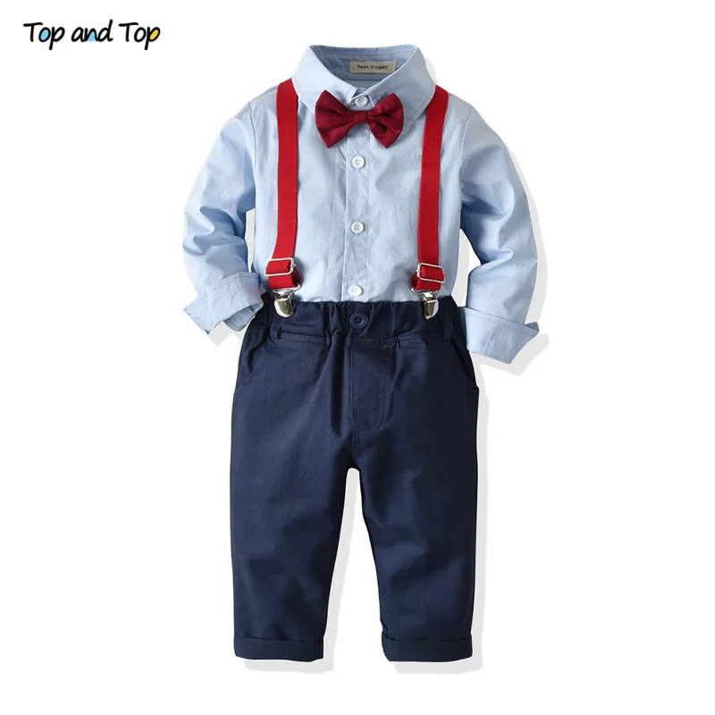 Top and Fashion Kids Baby Boys Gentleman Clothes Button Down Bowtie Shirt Top+Suspender Trousers 2Pcs Children Casual Suit |