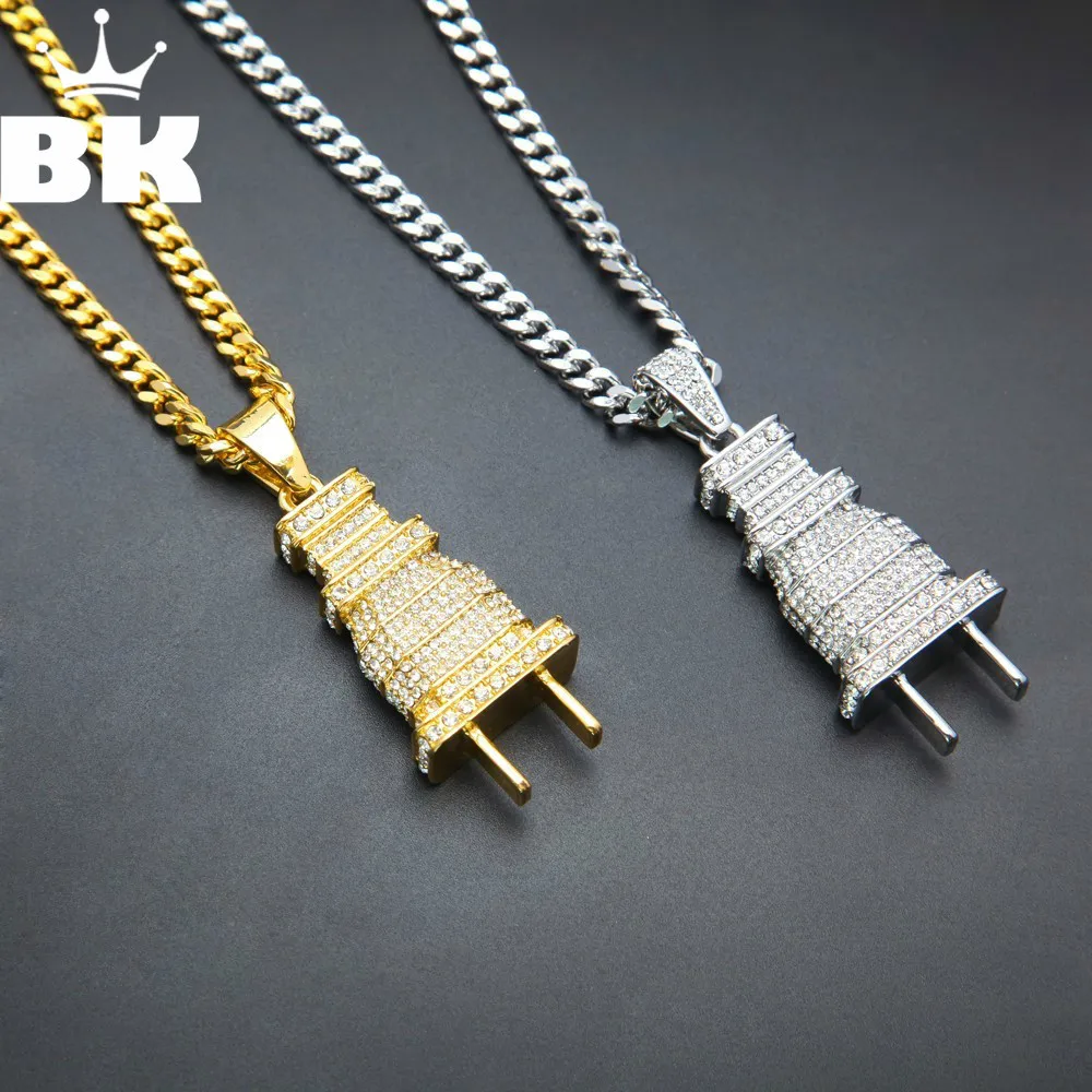 

Mens Iced Out Bling Bling Plug Pendant Necklace Gold Silver Color Charm Micro Pave Full Rhinestone HipHop Jewelry