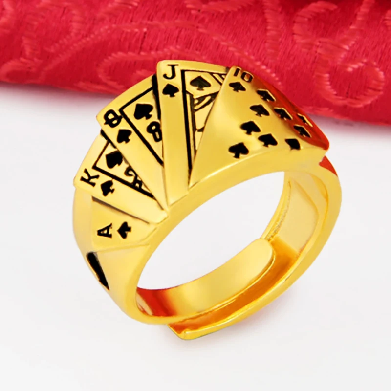 New No Fade 24k Sand Gold Rings for Men Personality Poker Designer Open Rings India Jewelry