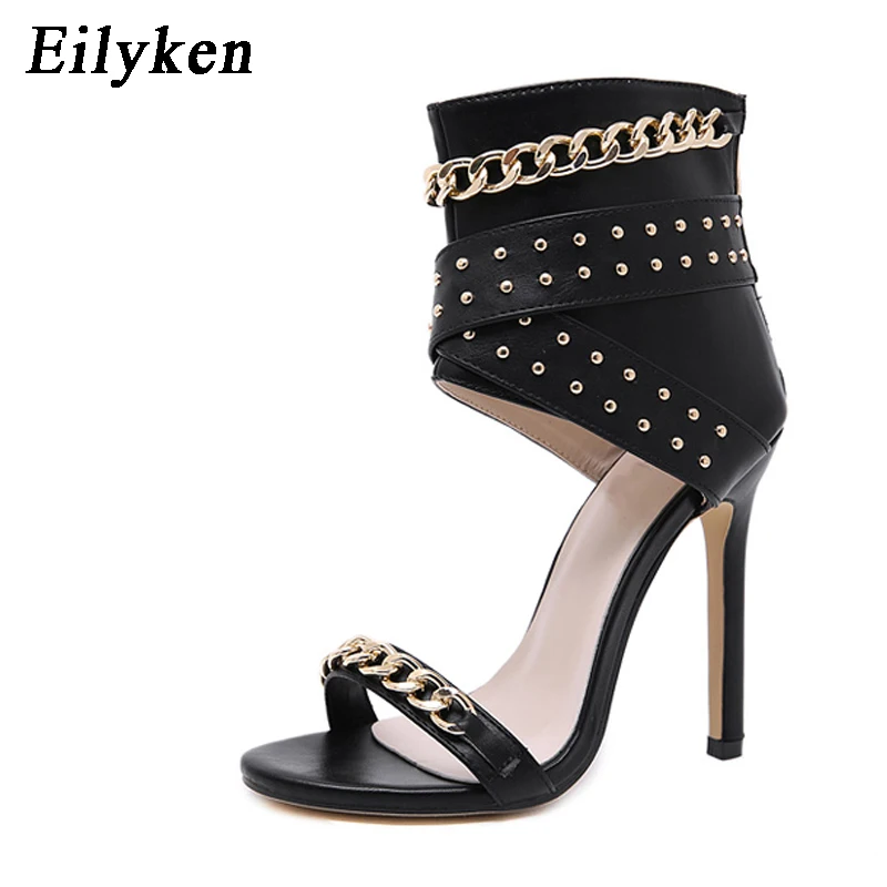 black Eilyken/Новинка года; сандалии-гладиаторы; обувь с заклепками и цепочкой; женские босоножки; туфли-лодочки на тонком каблуке 11 см; сексуальные босоножки-лодочки черного цвета - Цвет: black