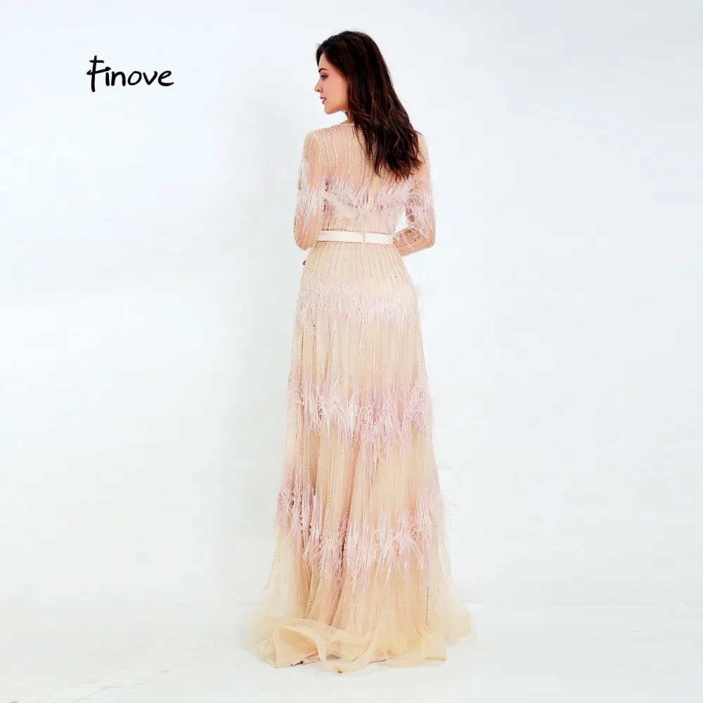 Finove Luxury Illusion Prom Dress New Design 2020 Tulle with beaded Feathers Sashes A-Line Evening Woman Party Gowns | Свадьбы и