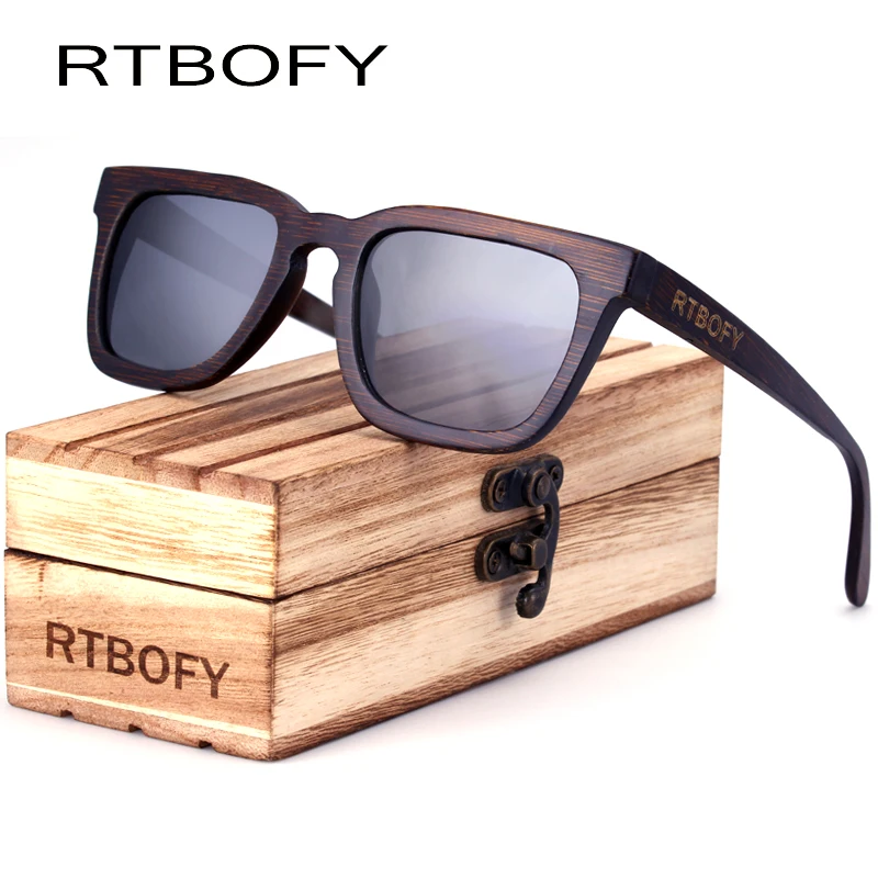 RTBOFY очки солнцезащитные мужские Древесины Квадратных Старинные Поляризованные HD Объектив Древесины Стимпанк Солнцезащитные Очки Для Мужчин С Коробкой Óculos