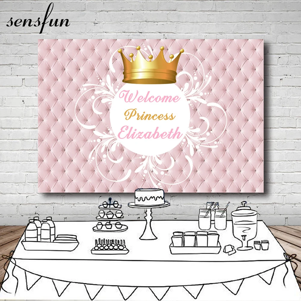 Sensfun Baby Shower добро пожаловать принцесса фон розовая кровать изголовье Золотая Корона красивая белая рамка фотографии фоны