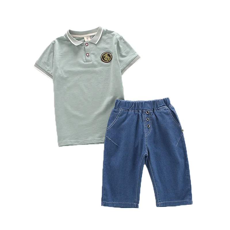 Fashion Summer Clothes for Kids Sollid Turn-down Collar Shirts + Blue Denim Shorts Teenage School Boys Sport Suit Purple/Green |