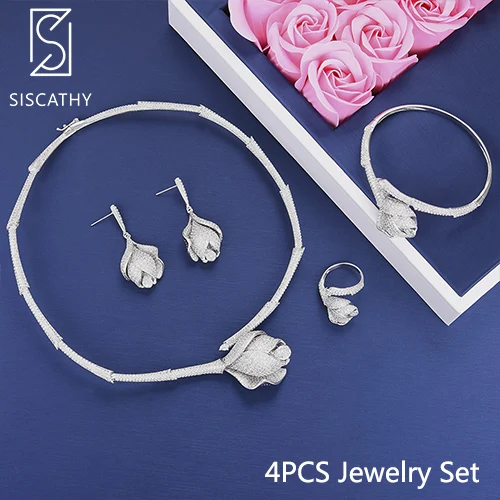 Silver Set Siscathy кубического циркония ожерелье в форме цветка/серьги/Кольцо/браслет аксессуары для свадебной вечеринки роскошные 4 шт Женские Ювелирные наборы - Окраска металла: Silver Set