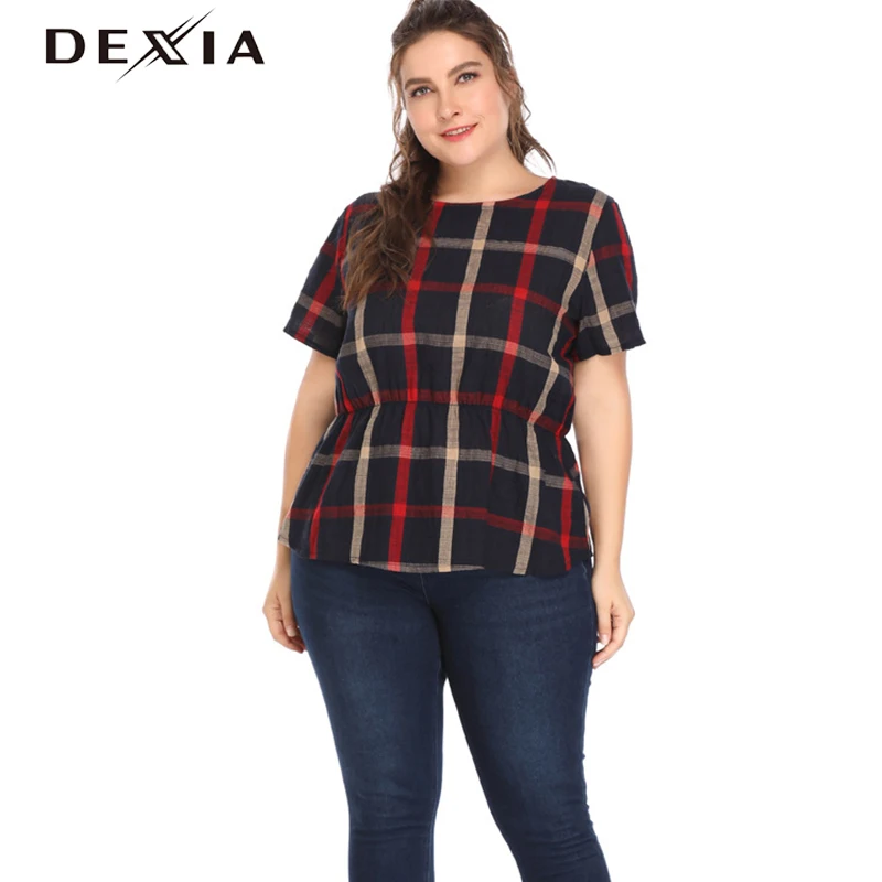 DEXIA плед плюс размер 3XL 4XL 5XL Женская футболка Летняя с круглым вырезом и принтом