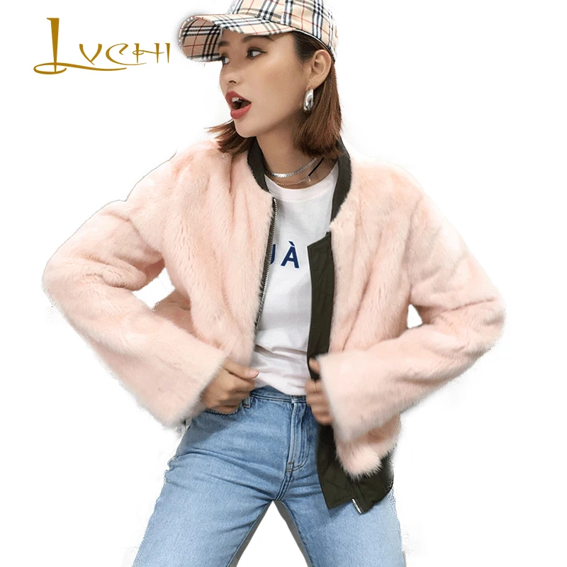 

LVCHI 2019 зимнее Норковое меховое пальто, настоящие меховые пальто, женская розовая двухсторонняя одежда, куртка, короткая норковая шуба с длин...
