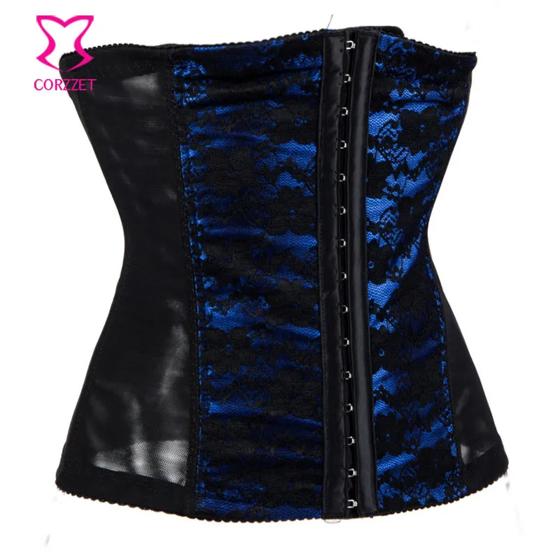 Корсет со стальными костями черный/синий с цветочным принтом корсет для