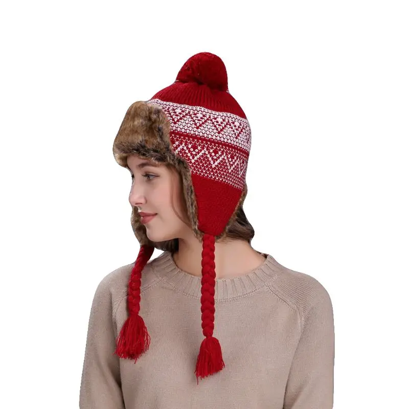 Wine Red(wavy) 11 Styles Women Winter Thicken Lining Earflap Hat Knitted Contrast Color Snow Ski Beanie Cap Pompom Ball Long Tassels Ear Warmer - Цвет: Wine Red(wavy)